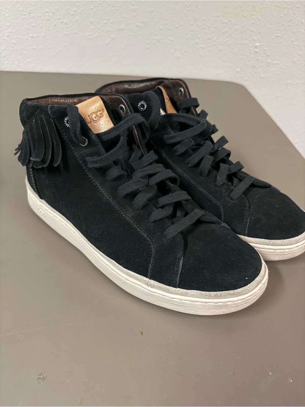 UGG Men’s Black Suede High-Top Sneakers with Fringe Accent and White Sole
